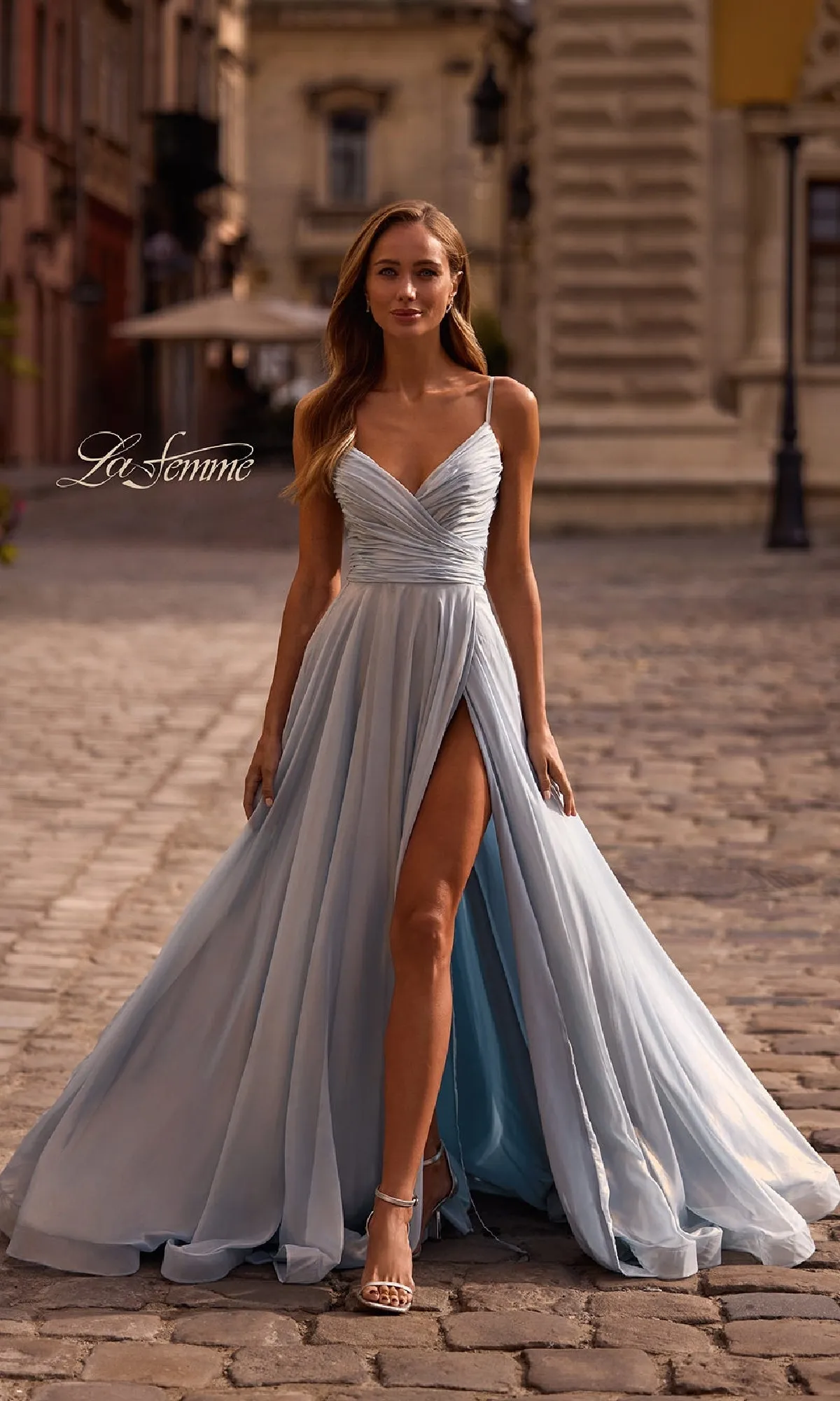 Metallic Chiffon Long Prom Dress: La Femme 33043 sold by PromGirl