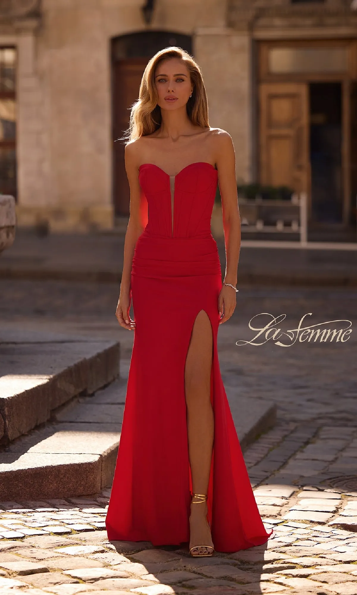 Strapless Deep V-Neck Prom Gown: La Femme 32941 sold by PromGirl