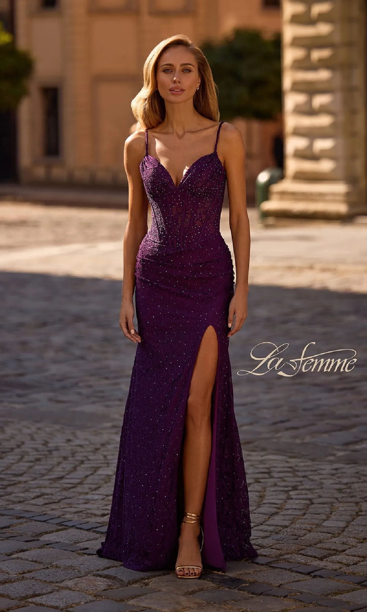 Sheer-Waist Long Beaded Prom Dress: La Femme 32947 sold by PromGirl