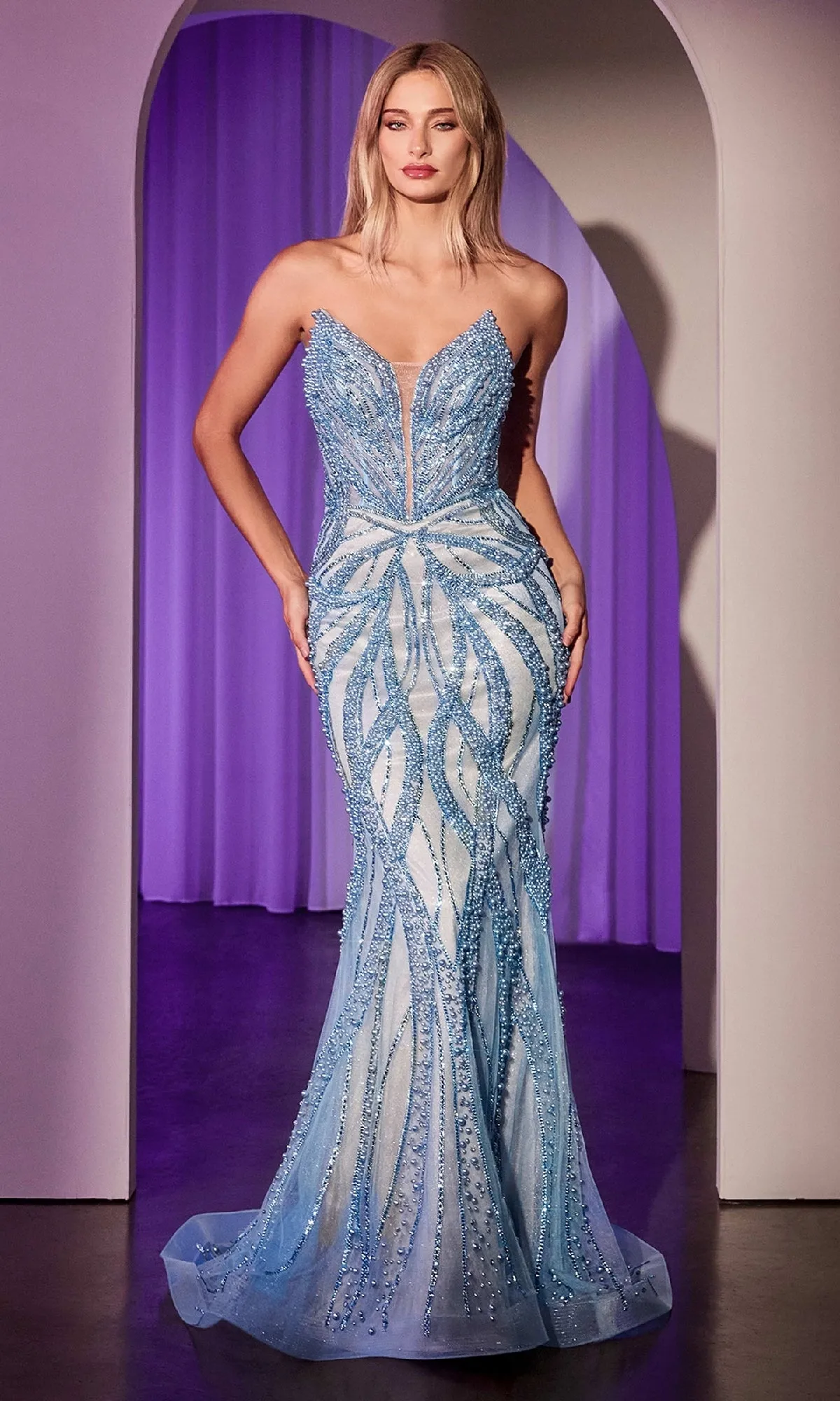 Strapless Long Beaded Prom Dress: Ladivine CC0688 sold by PromGirl