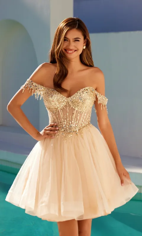 Short Champagne Corset Prom Dress: Juliet JT947L sold by PromGirl