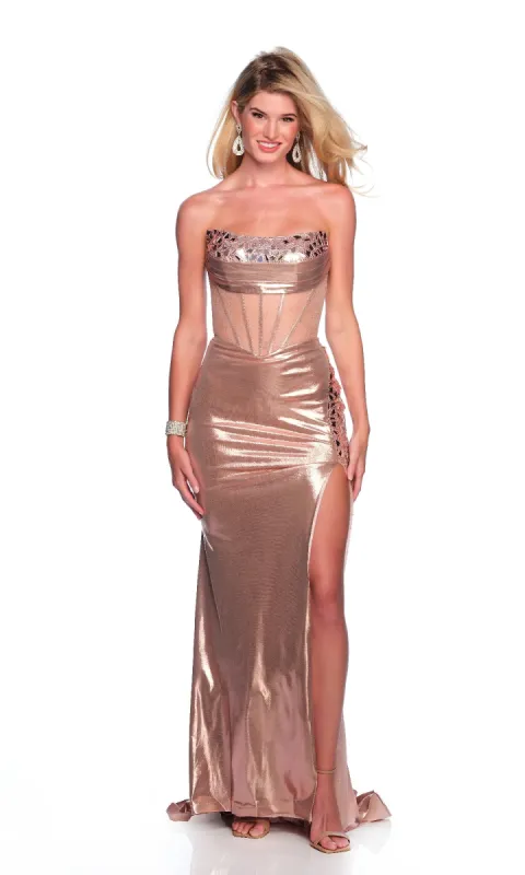 Long Rose Gold Prom Dress: Dave & Johnny 12224 sold by PromGirl