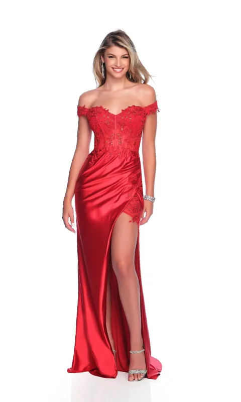 Off-Shoulder Red Prom Dress: Dave & Johnny 11907 sold by PromGirl