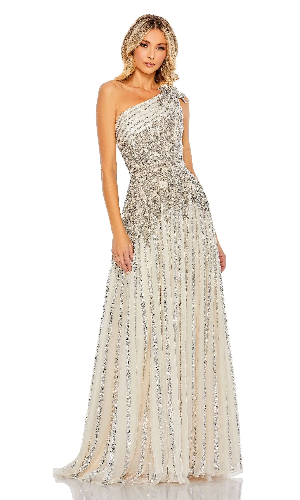 Beaded Long Silver Prom Gown: Mac Duggal 5679 sold by PromGirl