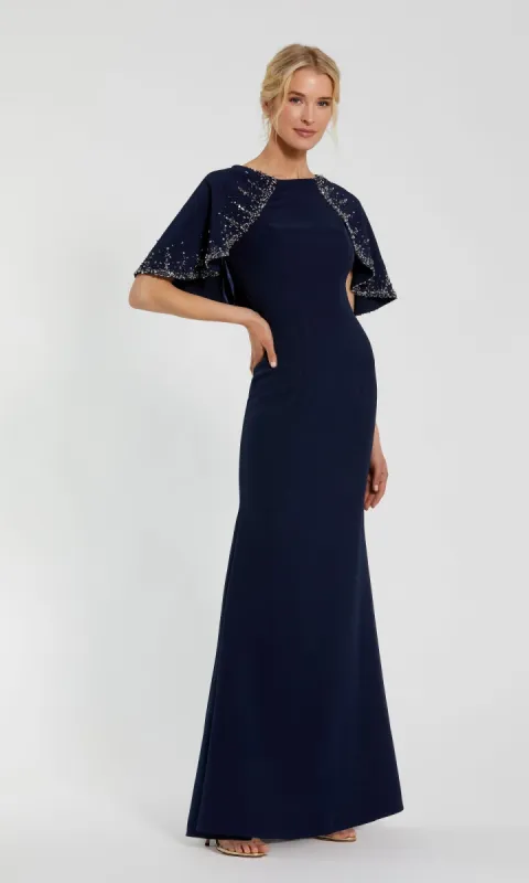 Caped Long Blue Formal Dress: Mac Duggal 2271 sold by PromGirl