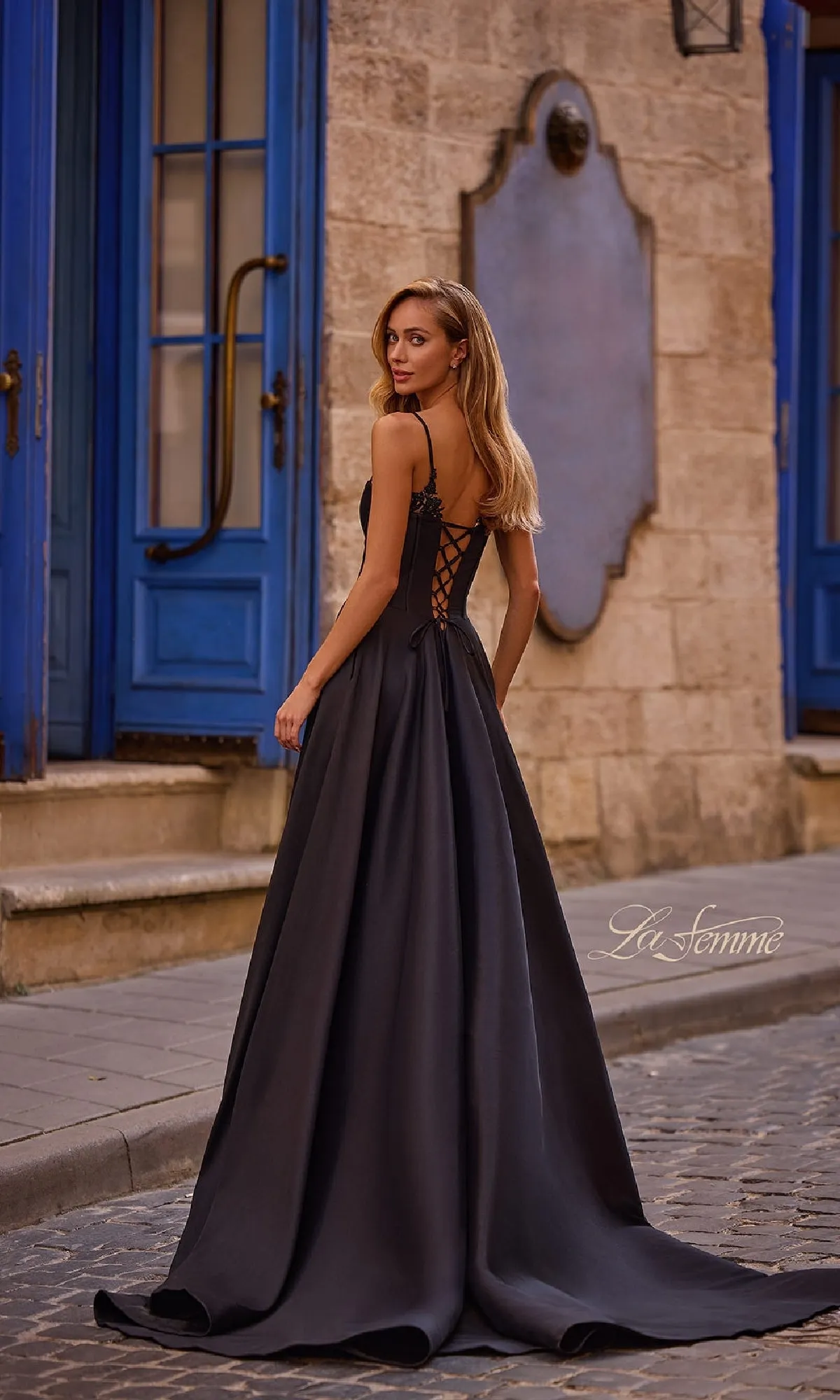 Lace-Up Long Mikado Prom Dress: La Femme 32878 sold by PromGirl product image thumbnail 5