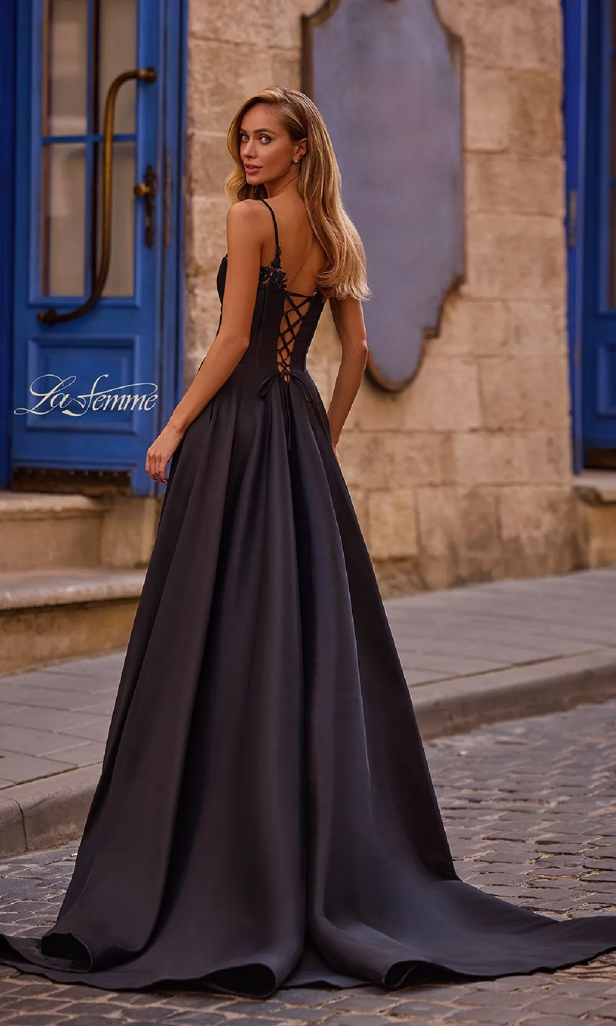Lace-Up Long Mikado Prom Dress: La Femme 32878 sold by PromGirl product image thumbnail 2