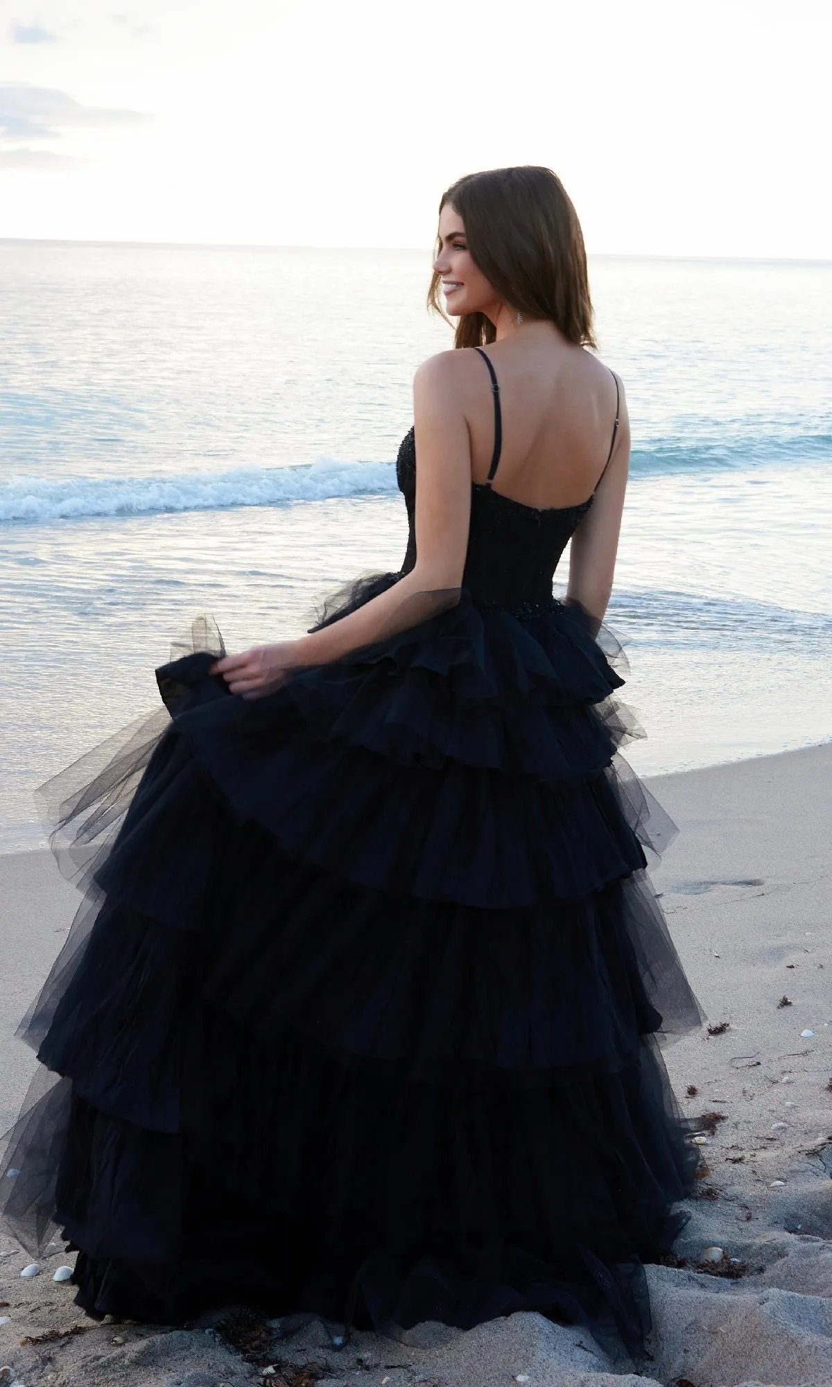 Tiered Ruffle Black Prom Ball Gown: Nox Anabel Y1545 sold by PromGirl product image thumbnail 4