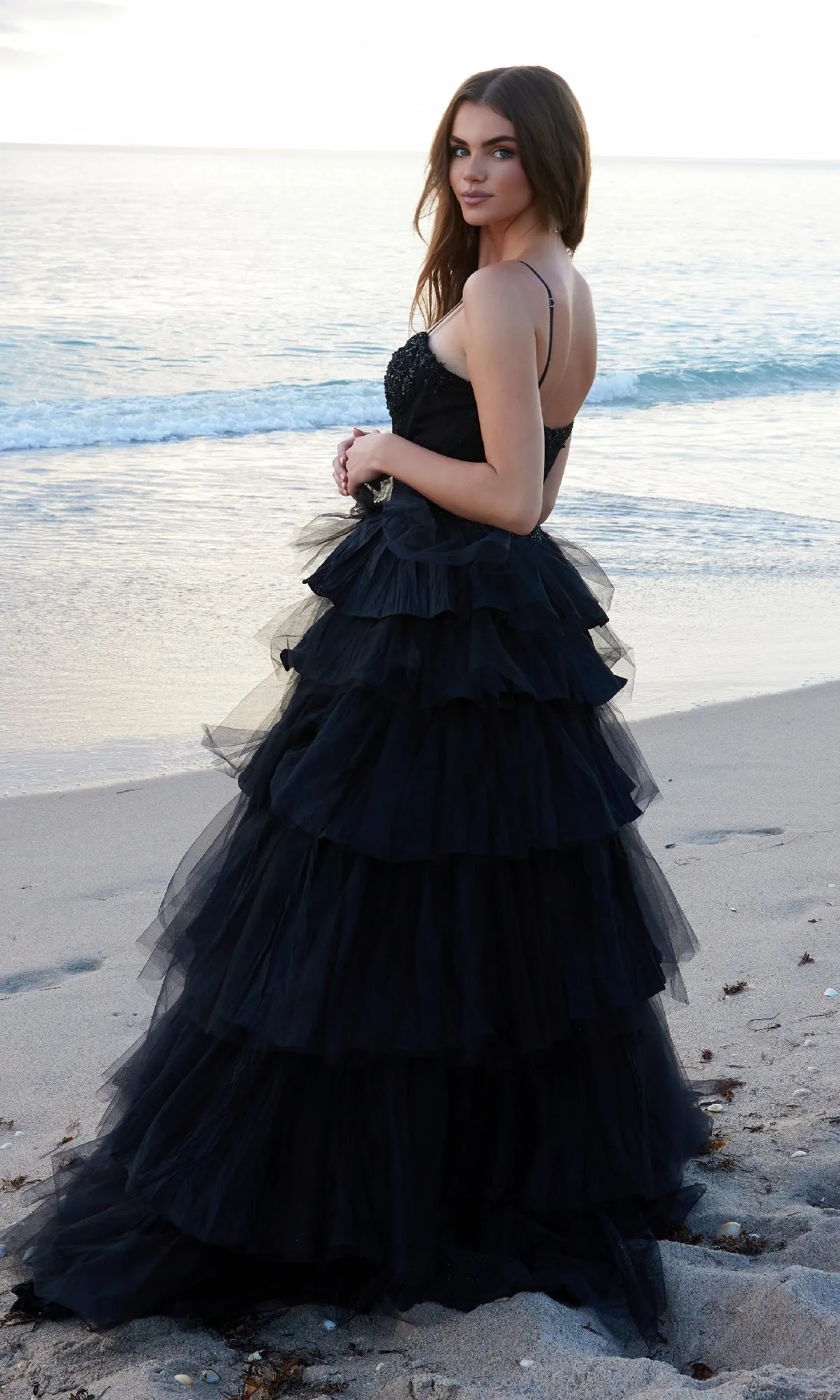 Tiered Ruffle Black Prom Ball Gown: Nox Anabel Y1545 sold by PromGirl product image thumbnail 5