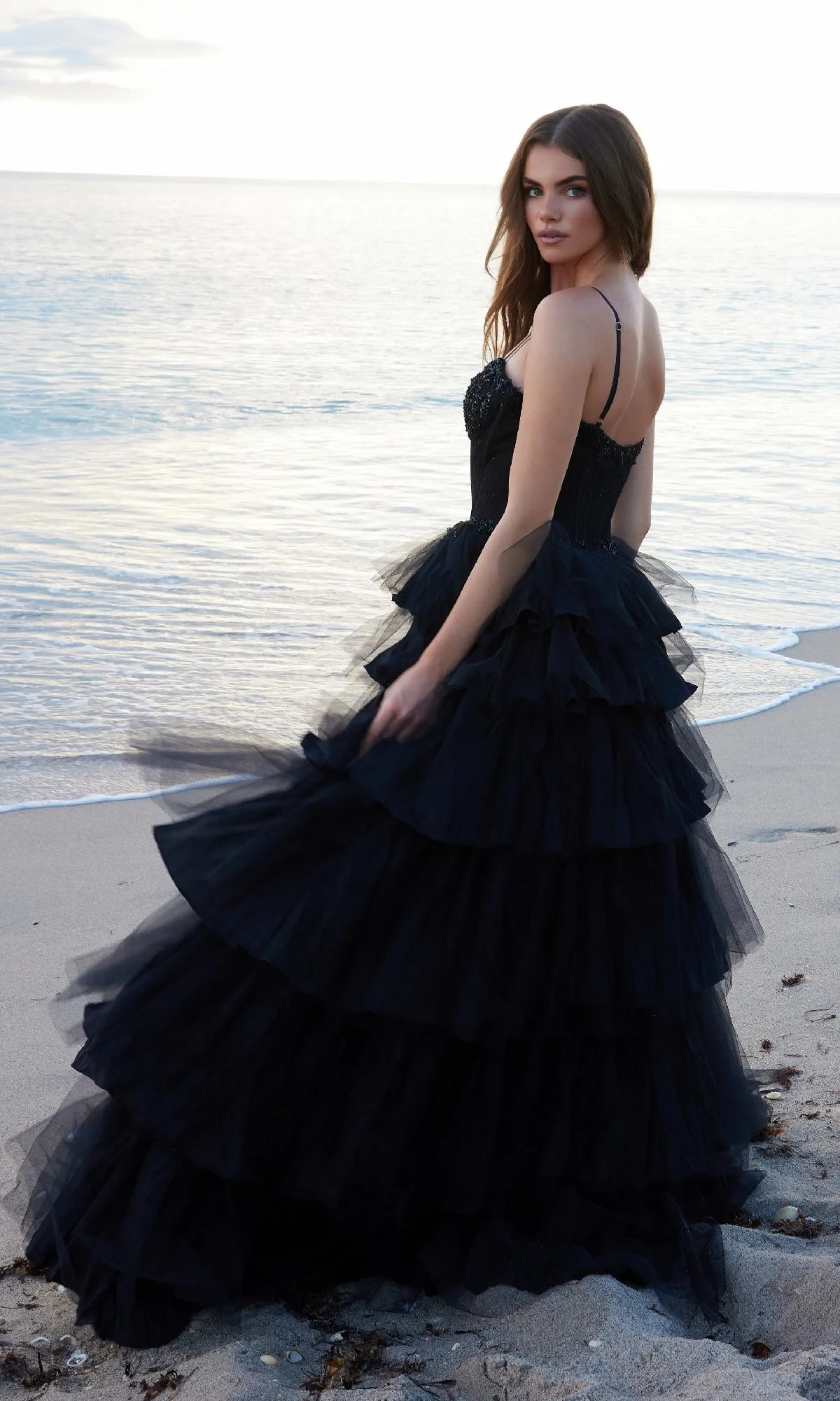 Tiered Ruffle Black Prom Ball Gown: Nox Anabel Y1545 sold by PromGirl product image thumbnail 2