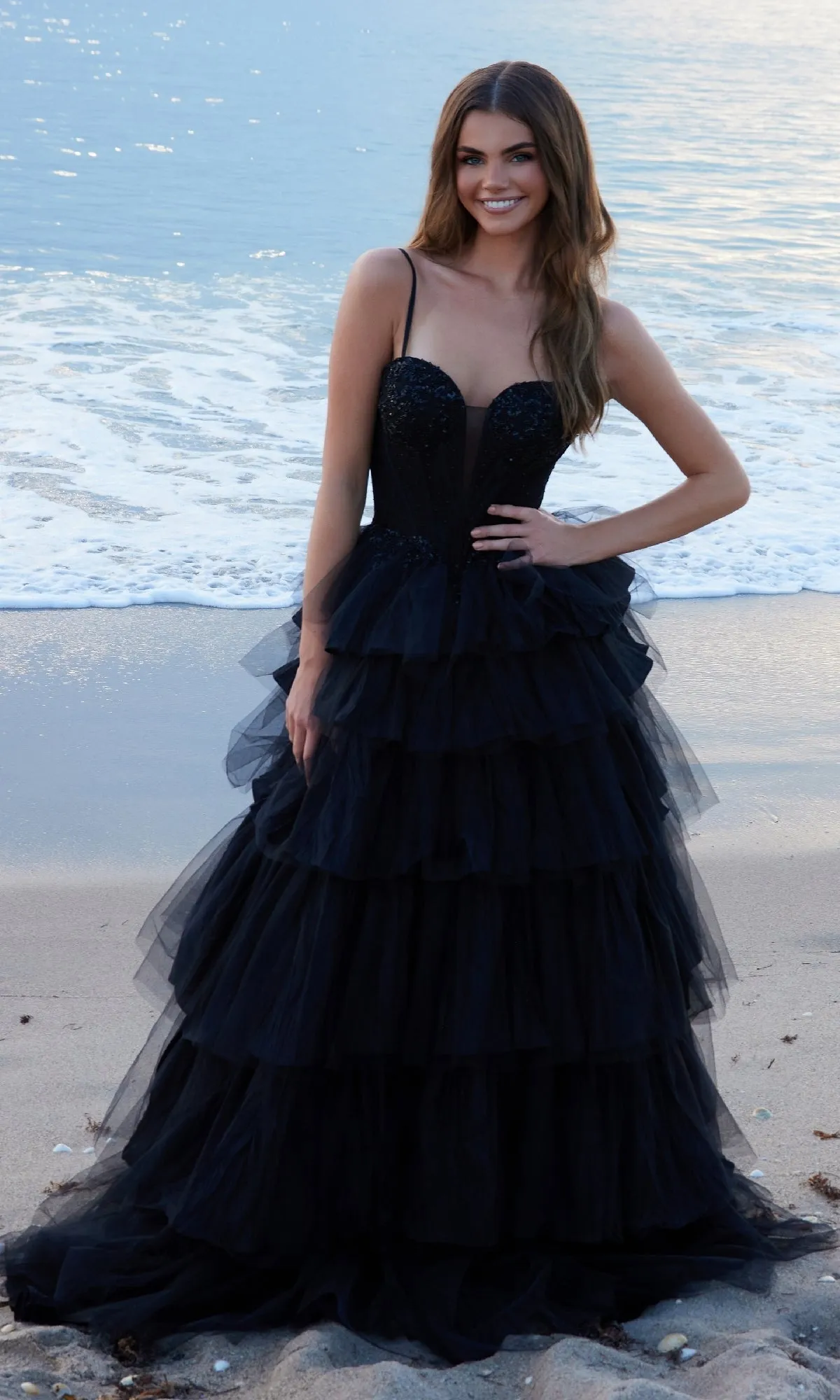 Tiered Ruffle Black Prom Ball Gown: Nox Anabel Y1545 sold by PromGirl