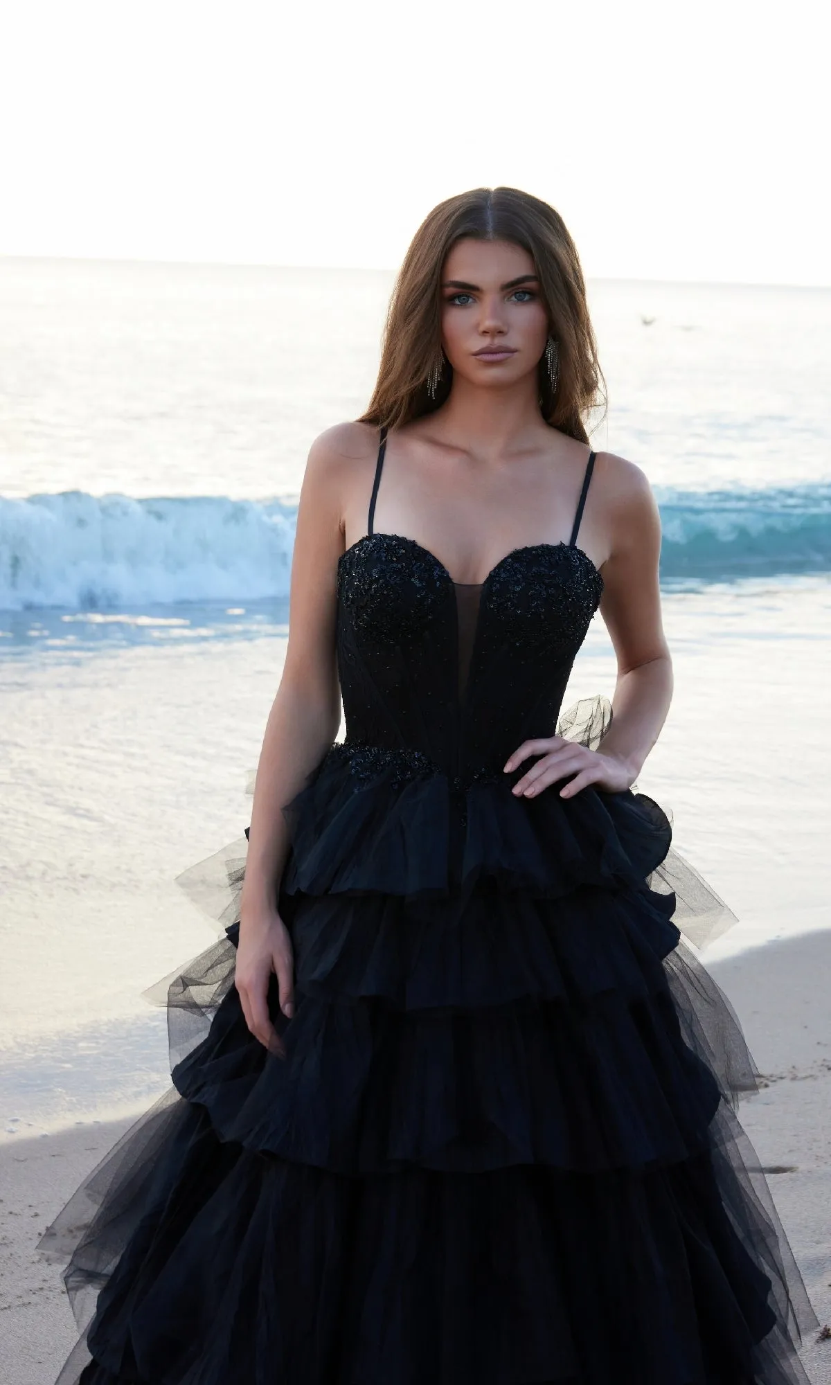 Tiered Ruffle Black Prom Ball Gown: Nox Anabel Y1545 sold by PromGirl product image thumbnail 3