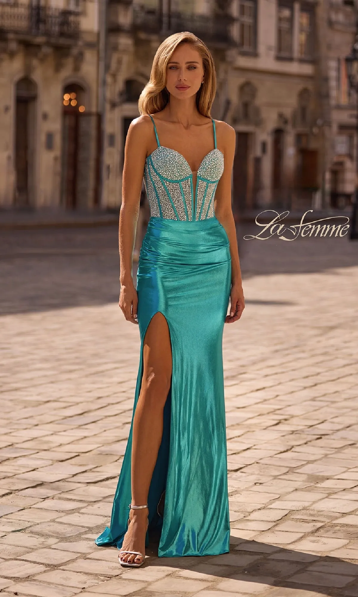 Long Aqua Metallic Prom Dress: La Femme 32732 sold by PromGirl