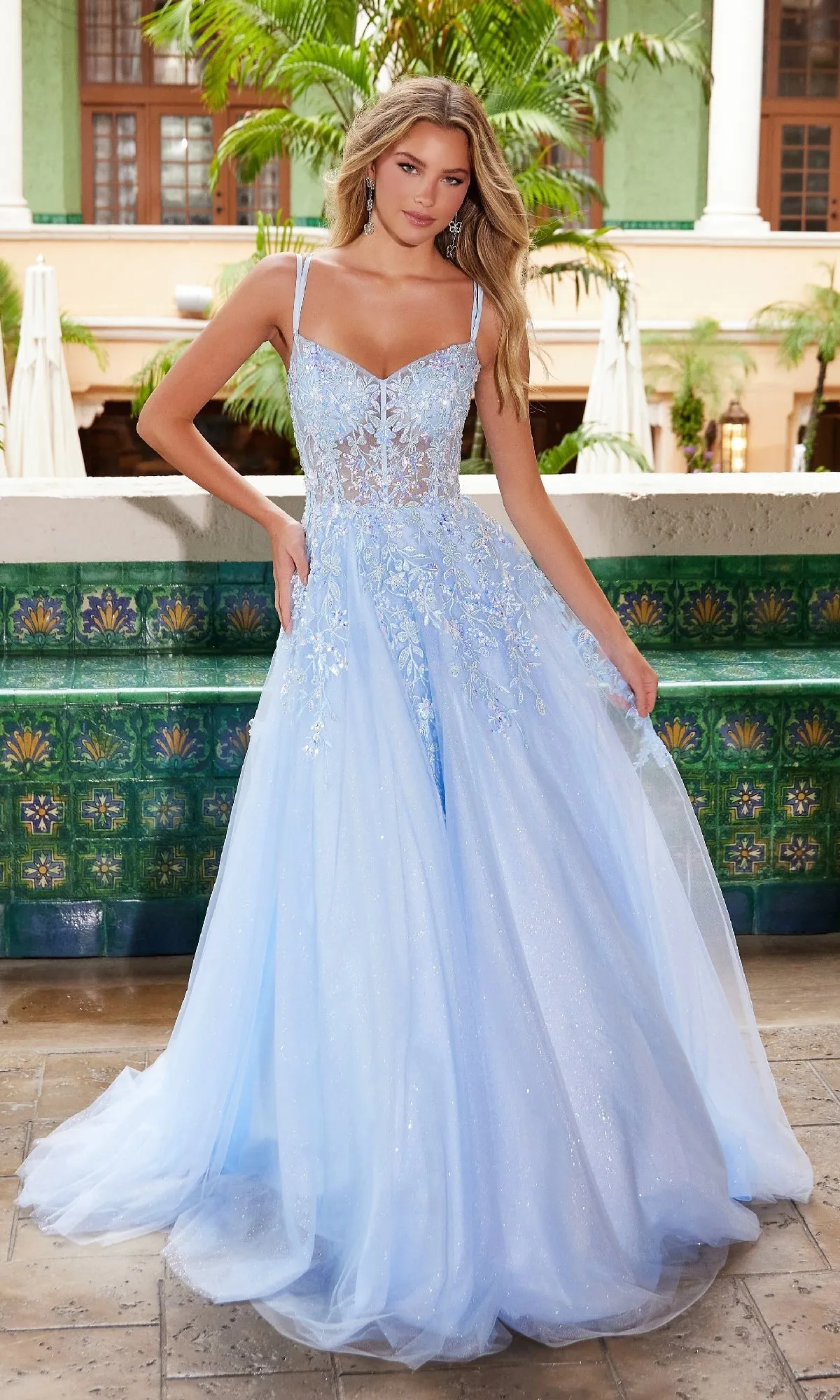 Long Glitter-Tulle Prom Dress: Nox Anabel H1682 sold by PromGirl