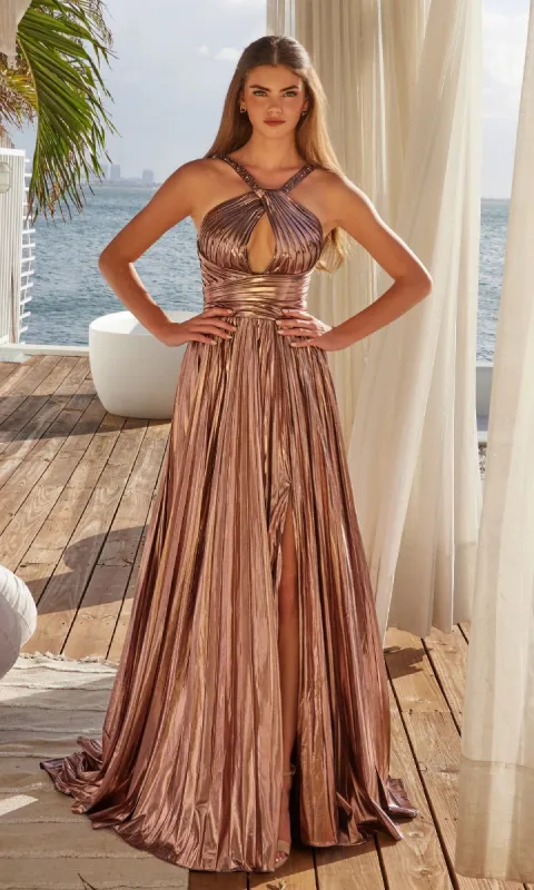 Long Pleated Metallic Prom Gown: Nox Anabel Y1548 sold by PromGirl