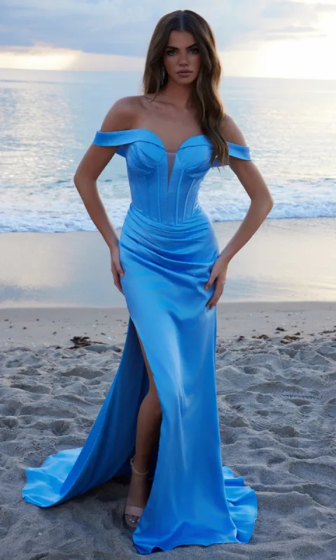 Off-Shoulder Corset Prom Gown: Nox Anabel Y1553 sold by PromGirl