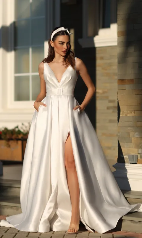 Belted Long White Prom Dress: Tina Holly BB209W sold by PromGirl