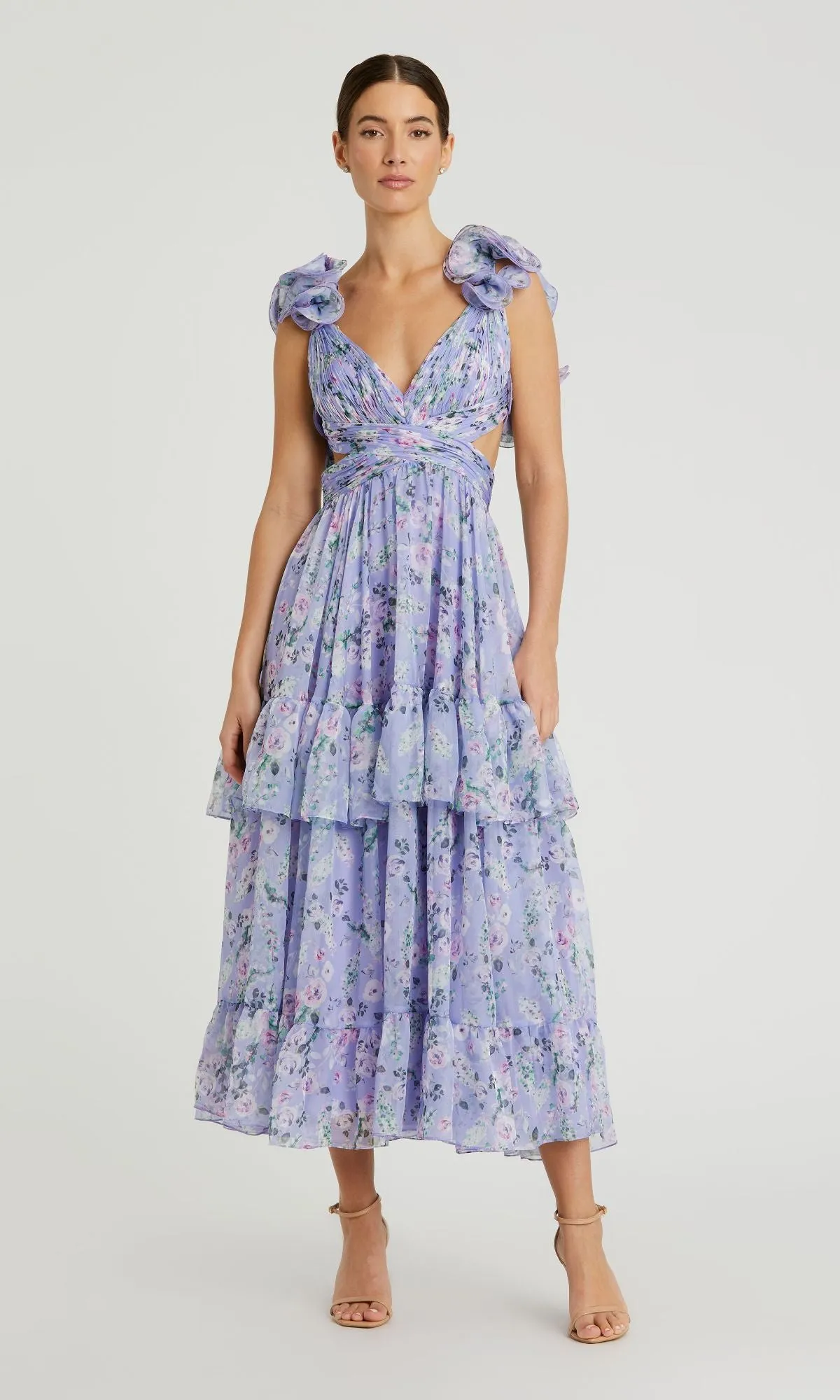 Midi Lilac Print Party Dress: Mac Duggal 56049 sold by PromGirl