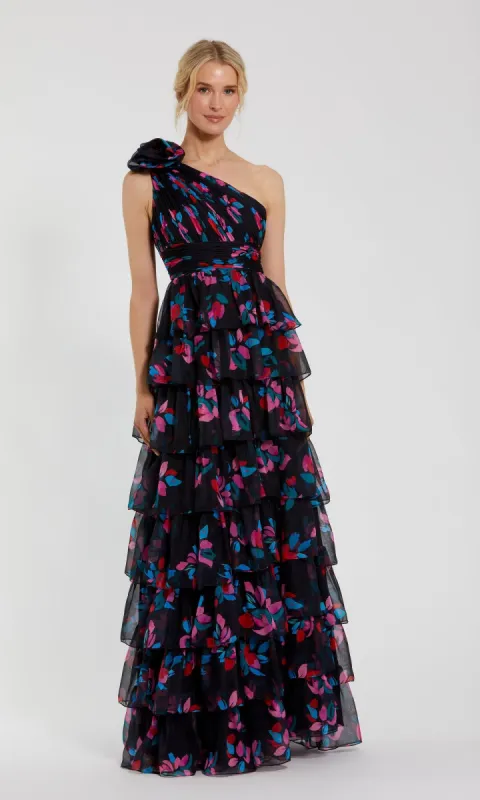 Long Print Ruffled Formal Dress: Mac Duggal 56120 sold by PromGirl