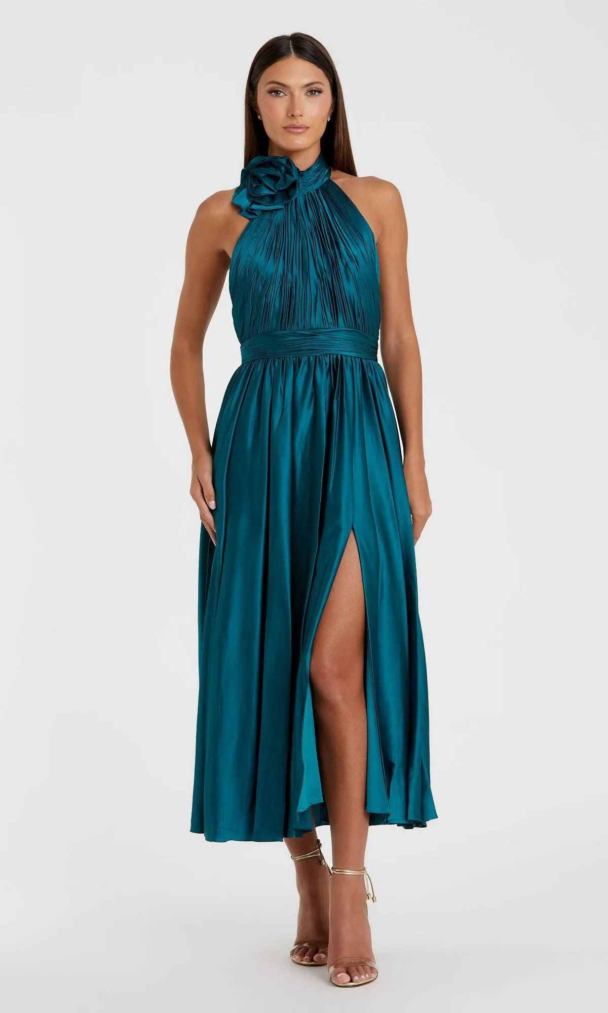 Halter Midi Wedding Guest Dress: Mac Duggal 49674 sold by PromGirl