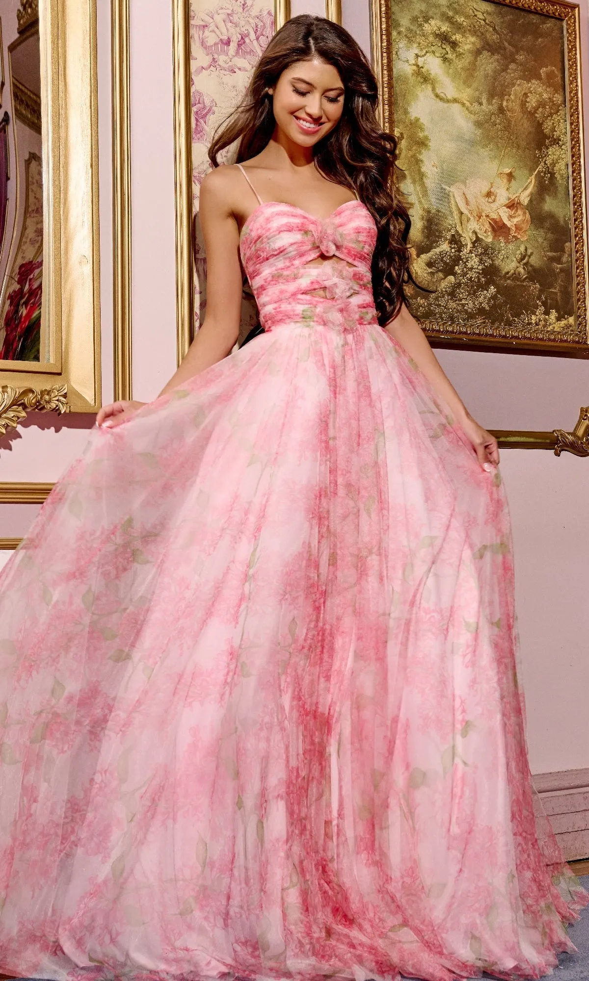 Cut-Out Long Floral-Print Prom Dress: Jovani 40402 sold by PromGirl