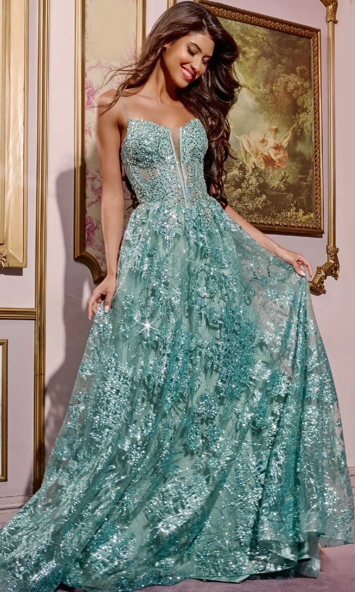 Long A-Line Glitter Prom Dress: Jovani 42199 sold by PromGirl