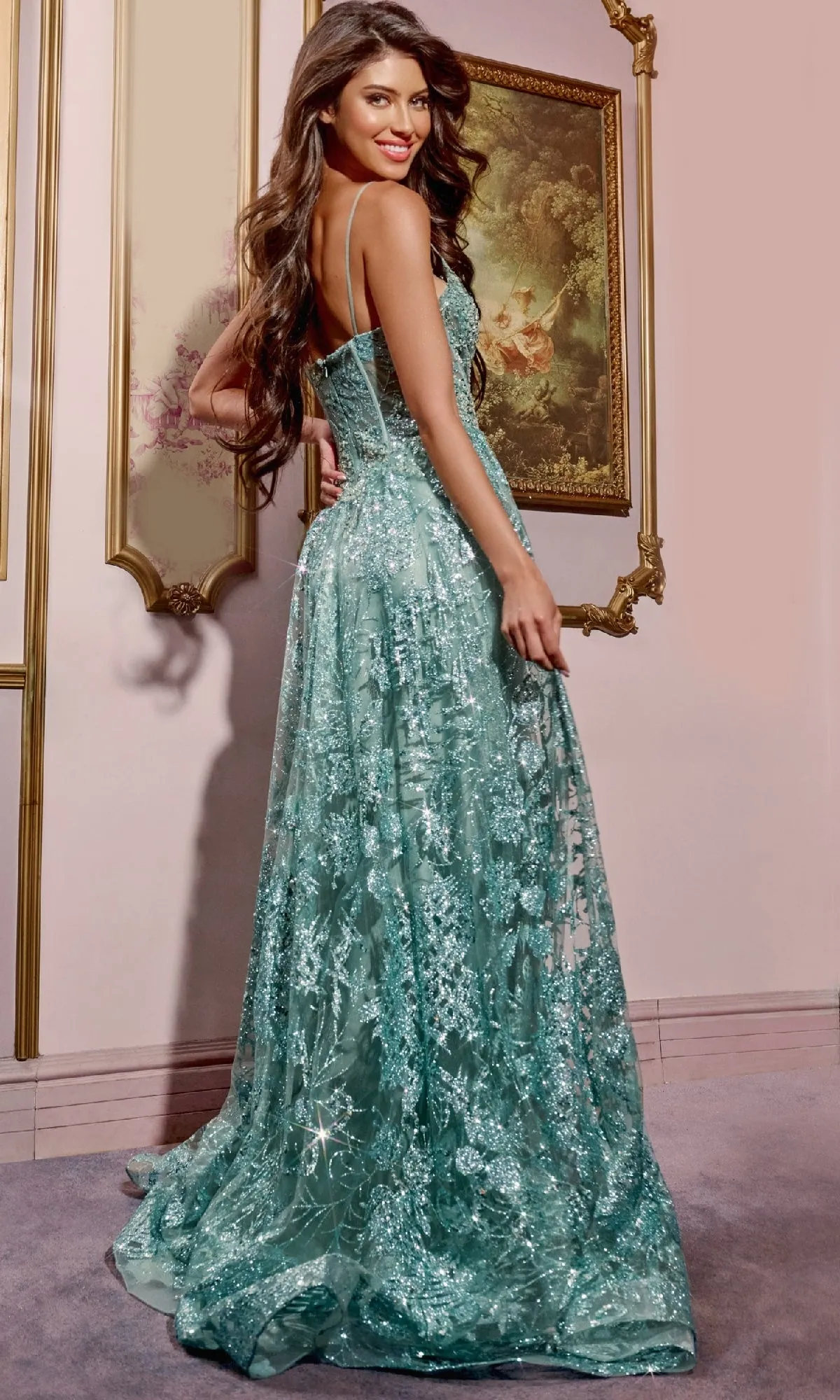 Long A-Line Glitter Prom Dress: Jovani 42199 sold by PromGirl product image thumbnail 2
