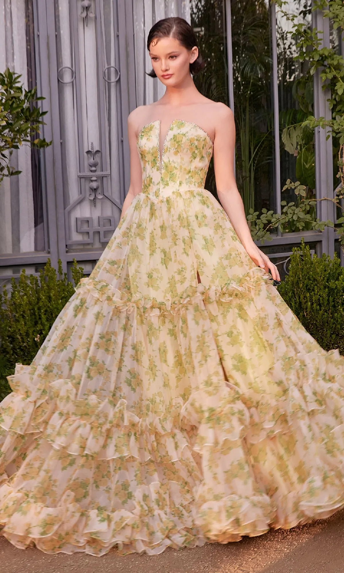 Yellow Flora-Print Prom Gown: Andrea & Leo A1430 sold by PromGirl product image thumbnail 3