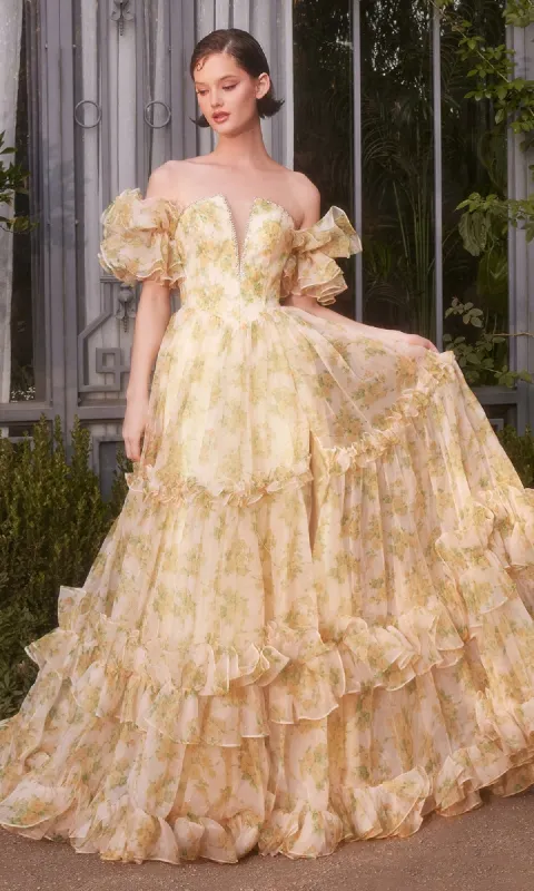 Yellow Flora-Print Prom Gown: Andrea & Leo A1430 sold by PromGirl
