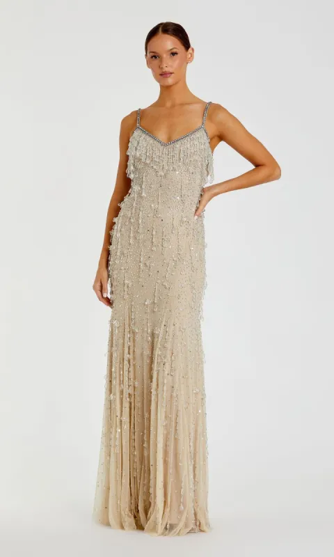 Fringed Long Nude Formal Dress: Mac Duggal 10101 sold by PromGirl