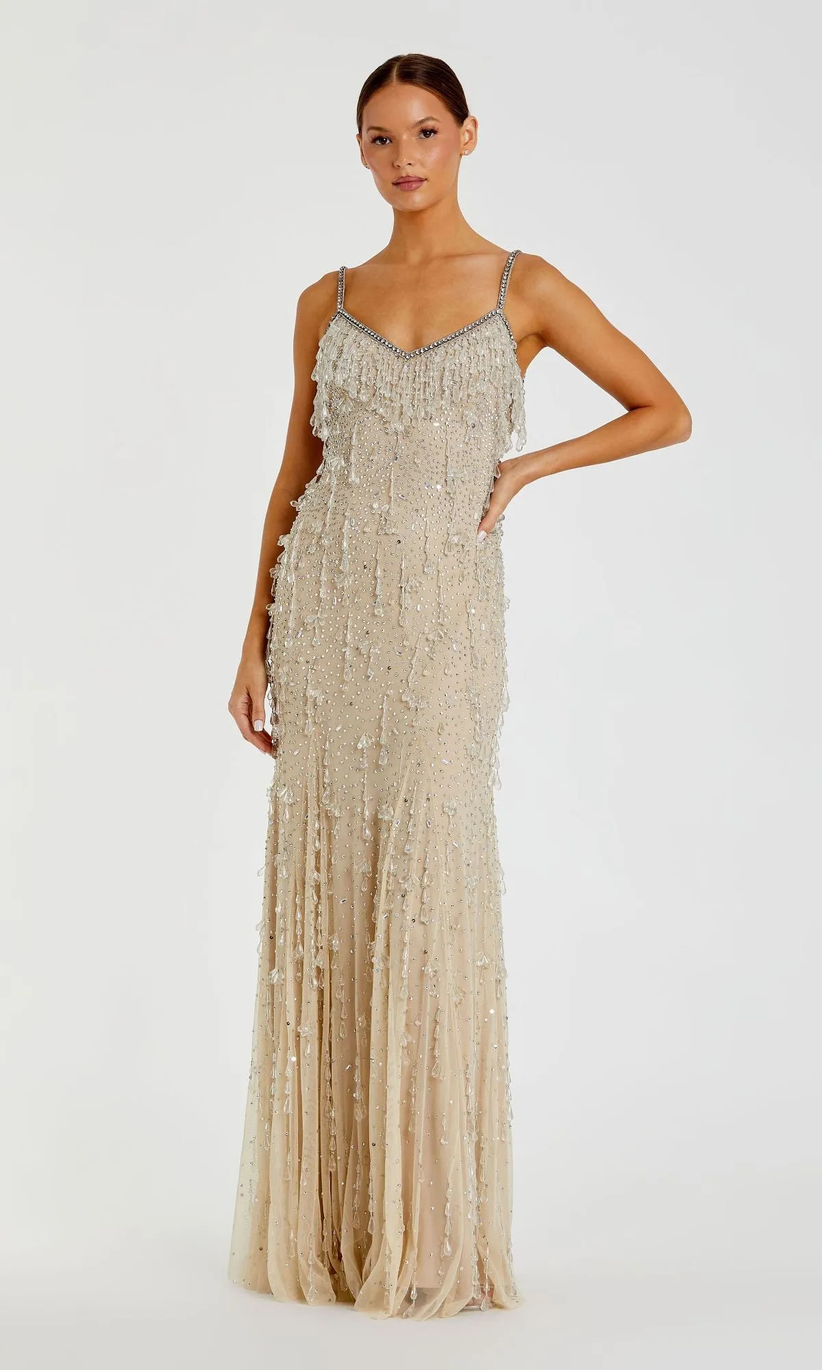 Fringed Long Nude Formal Dress: Mac Duggal 10101 sold by PromGirl