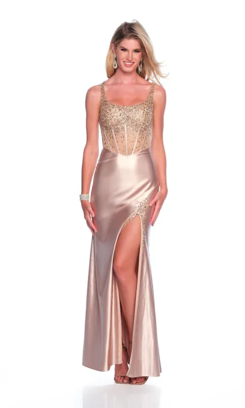 Long Gold Prom Dress: Dave and Johnny 12289 sold by PromGirl