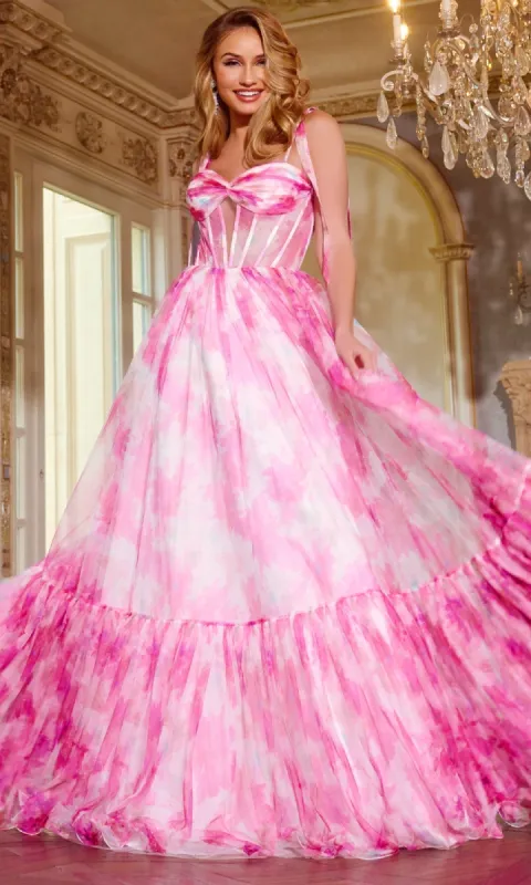 Watercolor-Print Pink Prom Gown: Jovani 44181 sold by PromGirl