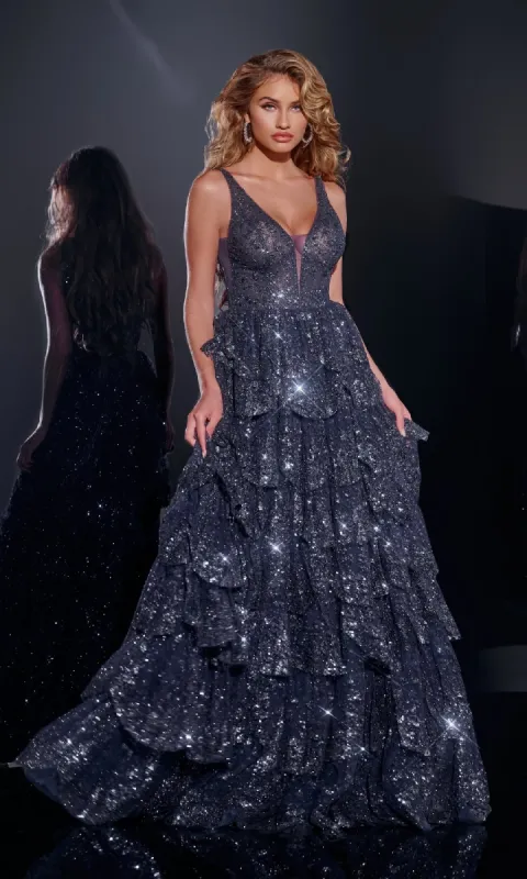 Ruffled Long Glitter Prom Dress: Jovani 43198 sold by PromGirl