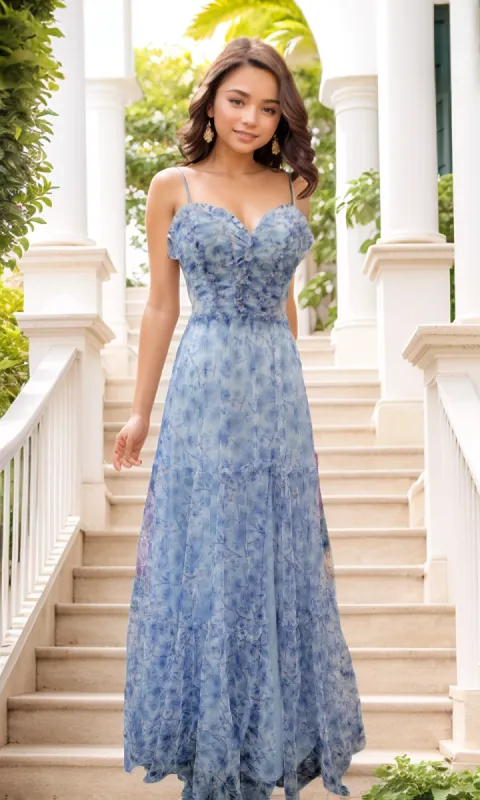 Blue Floral Prom Dress: Dave and Johnny 12077 sold by PromGirl