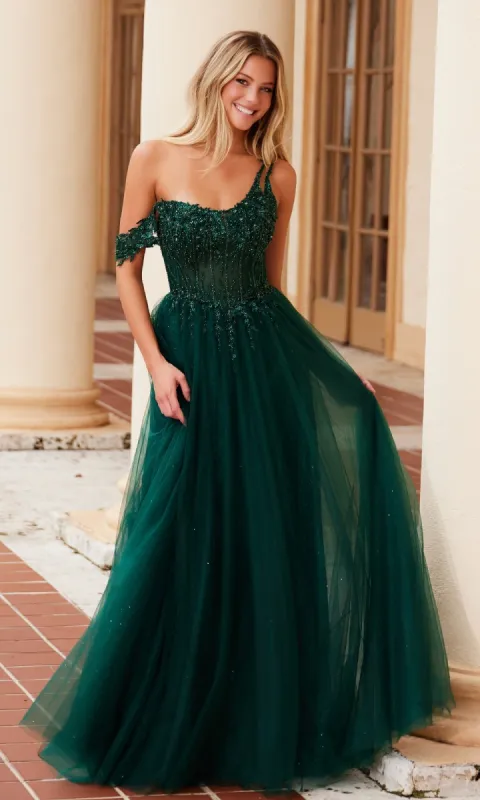 Asymmetrical Glitter Prom Dress: Nox Anabel F1567 sold by PromGirl