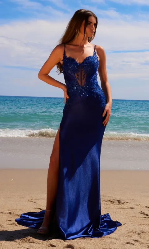 Long Corset Prom Dress with Train: Nox Anabel E1488 sold by PromGirl