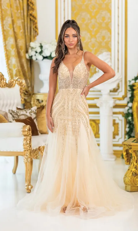 Beaded Champagne Prom Dress: Dancing Queen 4488 sold by PromGirl