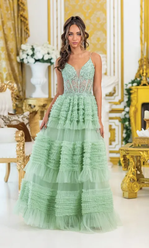 Sage Green Ruffled Prom Ball Gown: Dancing Queen 4476 sold by PromGirl