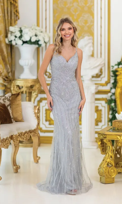 Long Beaded Silver Prom Dress: Dancing Queen 4487 sold by PromGirl