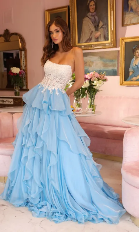 Strapless Ruffle Ball Gown: Ava Presley 29133 sold by PromGirl