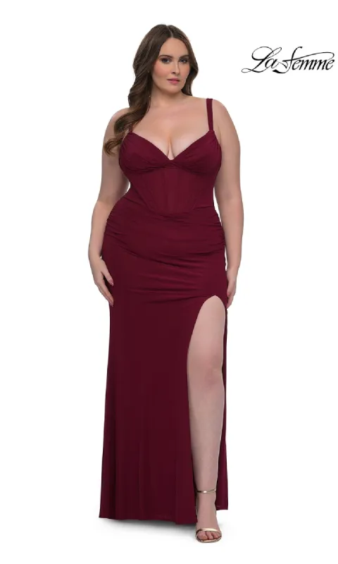 Plus-Size Long Corset Prom Dress: La Femme 33015 sold by PromGirl