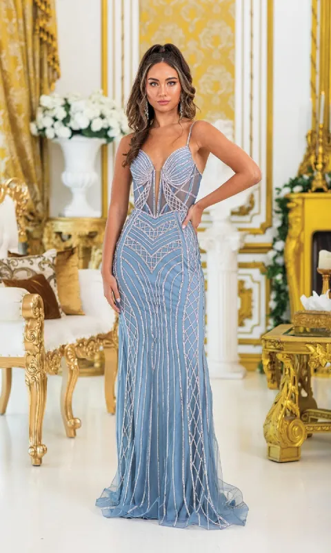 Long Blue Beaded Prom Dress: Dancing Queen 4527 sold by PromGirl
