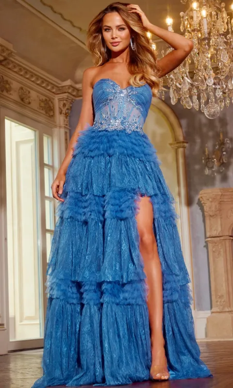Blue Lace Ruffle Prom Ball Gown: Jovani 42257 sold by PromGirl