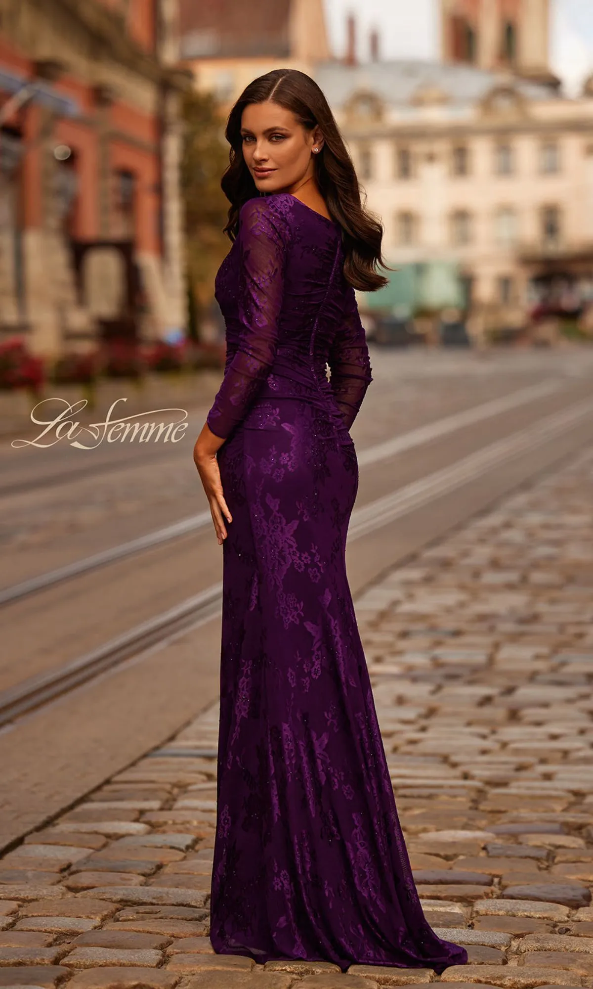 Sheer-Sleeved Lace Formal Dress: La Femme 32491 sold by PromGirl product image thumbnail 2
