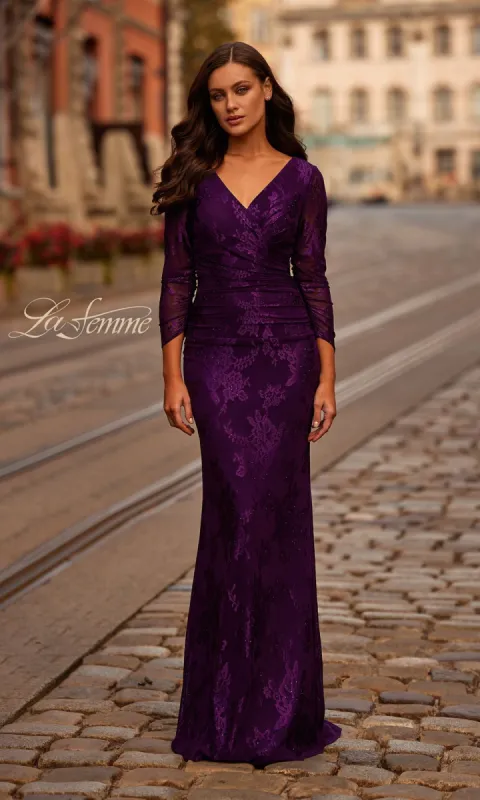 Sheer-Sleeved Lace Formal Dress: La Femme 32491 sold by PromGirl