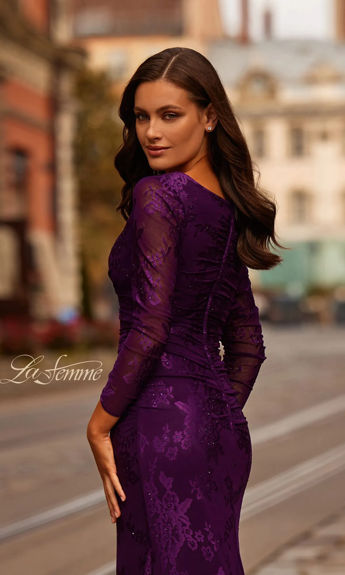 Sheer-Sleeved Lace Formal Dress: La Femme 32491 sold by PromGirl product image thumbnail 4