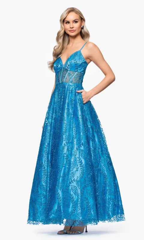 Lace-Up Long Glitter A-Line Prom Dress: 4534BN sold by PromGirl