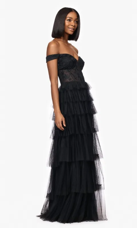 Long Black Ruffle Prom Dress: Blondie Nites 5390BN sold by PromGirl