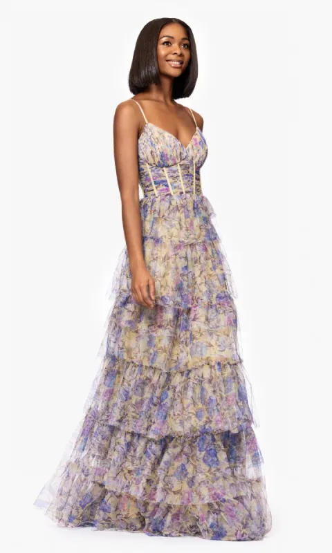 Floral-Print Long Prom Dress: Blondie Nites 5500BN sold by PromGirl